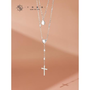 露珠 閃亮925銀疊戴項鏈女十字架吊墜雙層鎖骨鏈長款頸鏈生日禮物