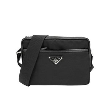Prada 尼龍銀三角logo雙層拉鍊斜背包(2VH048-黑)