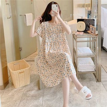 [韓國K.W.]韓國空運休閒假期棉麻居家洋裝裝(居家服/家居服/睡衣/睡裙/涼感睡衣)小碎花