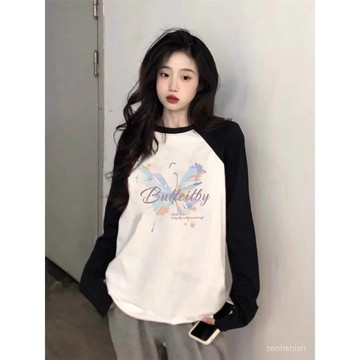 🎀大尺碼上衣 拼接插肩長袖上衣女 棉t 短袖上衣女 卡通蝴蝶字母印花t恤  長袖t恤 寬鬆上衣 顯瘦遮肚 女裝
