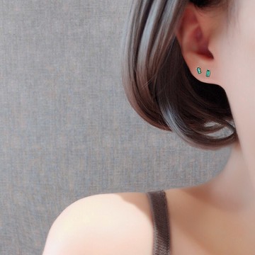 純銀綠寶石耳釘女方形耳骨釘韓國東大門小巧耳鉆小清新氣質防過敏1入