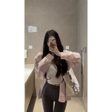 鹿辣辣【趙露思同款】粉粉蜜桃連帽衛衣 女初秋新款粉/灰外套上衣