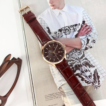 CITIZEN 星辰表 / AT2573-07X / 亞洲限定款 光動能 三眼計時 壓紋真皮手錶 酒紅色x玫瑰金框 42mm