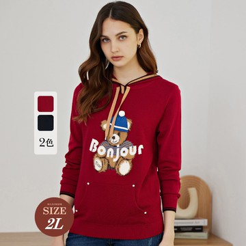 ILEY伊蕾 冬季可愛絨毛小熊圖樣針織連帽上衣(兩色；M-2L)1224405110