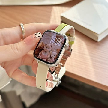 卡通小熊 不鏽鋼扣 真皮拼色錶帶 Apple Watch 錶帶 S11 10 SE3 皮革錶帶 42 46mm 蘋果錶帶