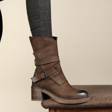 真皮薄款馬丁靴英倫風女春秋單靴復古粗跟中筒靴高跟加絨高端靴女