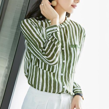 【LANNI 藍尼】★直條紋翻領雪紡襯衫(女裝/長袖/T恤/休閒)