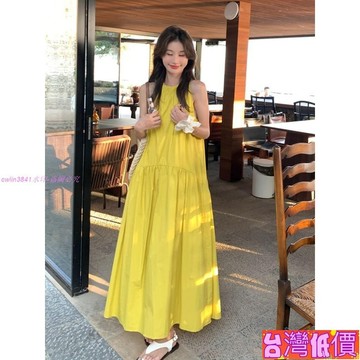 悅裳💎台灣免運💎黃色無袖掛脖連衣裙夏季女新款度假風寬鬆氣質複古長款A字裙