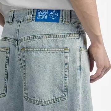 Polar-Big-Boy牛仔褲Y2K原宿嘻哈卡通刺繡藍色寬松牛仔褲褲子男