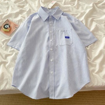 法式復古藍色豎條紋短袖襯衫女夏季休閑寬松內搭襯衣2025新款上衣