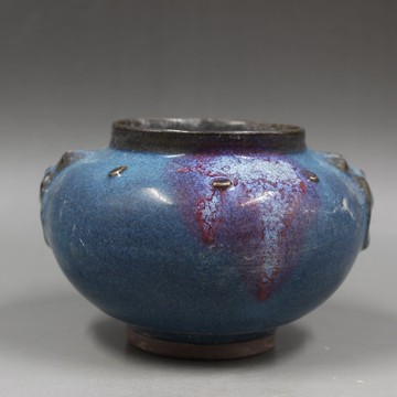 宋鈞窯點彩雕刻獸耳香爐 家居擺件瓷器收藏古董古玩 仿古觀賞瓷器1入