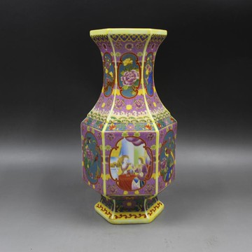 清雍正年制爬花琺瑯彩六方人物花鳥賞瓶仿古瓷器擺件古董古玩收藏1入