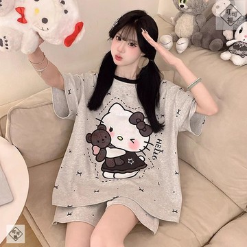 在台出貨❣️睡衣【M-5XL】超大碼 居家服 女士 短袖短褲兩件套 夏季 女生 薄款 可愛風 休閒 家居服 日繫睡衣套裝