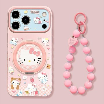 可愛格子貓咪適用蘋果17promax手機殼15帶支架iphone16硅膠14卡通
