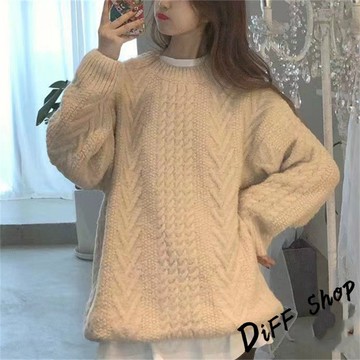 韓版奶油色寬鬆麻花毛衣【W605】