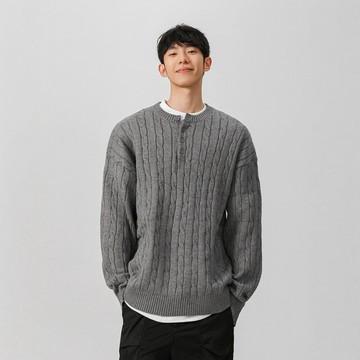 灰色粗線亨利領毛衣男款秋冬新款慵懶麻花針織衫美式男士內搭打底鑫弘-衣錦男裝