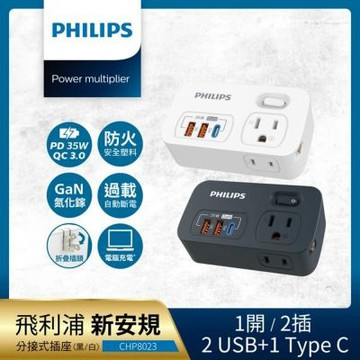 【Philips 飛利浦】 一開二 35W 2A+1C PD+QC3.0多功能壁插轉接器 CHP8023-2色可選(附加USB充電座)