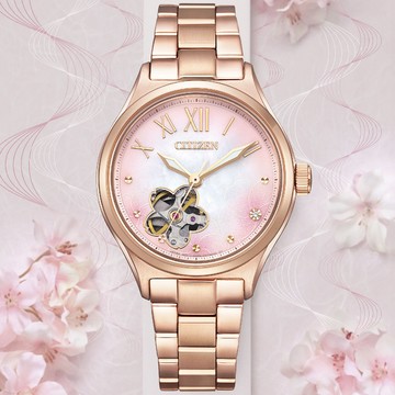 CITIZEN星辰 LADYS系列 櫻花開芯機械腕錶 34mm / PC1017-70Y