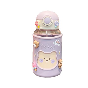 JAR嚴選 兒童彈蓋吸管小熊水壺 620ml  淺紫色  1個