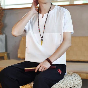 亞麻短袖t恤男夏季套裝中國風男裝搭配一套潮牌復古唐裝棉麻衣服