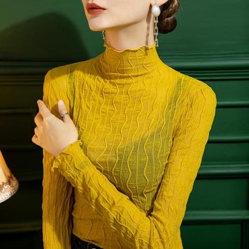 2026秋季新款高領蕾絲打底衫女修身內搭木耳邊性感長袖泡泡上衣