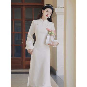 新中式國風素雅絕美改良旗袍女高級感秋冬新款優雅氣質立領連衣裙