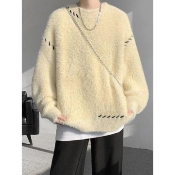 啄木鳥貂絨毛衣男秋冬季青少年慵懶風潮流寬松百搭休閑純色針織衫