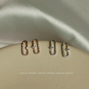 方糖家 925純銀別針耳釘 小巧鋯石鑲鉆精致簡約學生百搭耳環耳飾1入