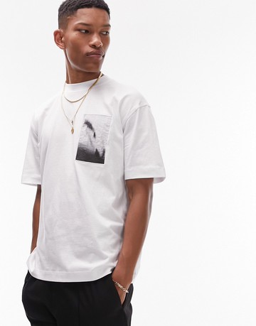 Topman oversized fit t-shirt with front and back photographic patch in white