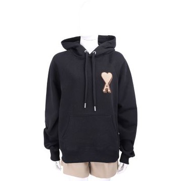 AMI PARIS Red Ami De Coeur 絨毛愛心A補丁 黑色抽繩連帽運動衫 大學T(男/女可穿)