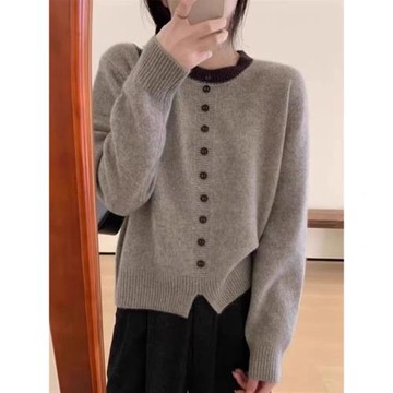 秋裝假開衫圓領100純山羊絨衫女秋季新款歐貨高端厚針織打底毛衣