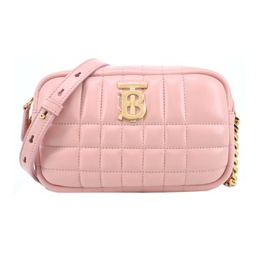 BURBERRY 巴寶莉   Lola TB金字 LOGO格紋絎縫羔羊皮相機/斜背包(迷你/粉色)