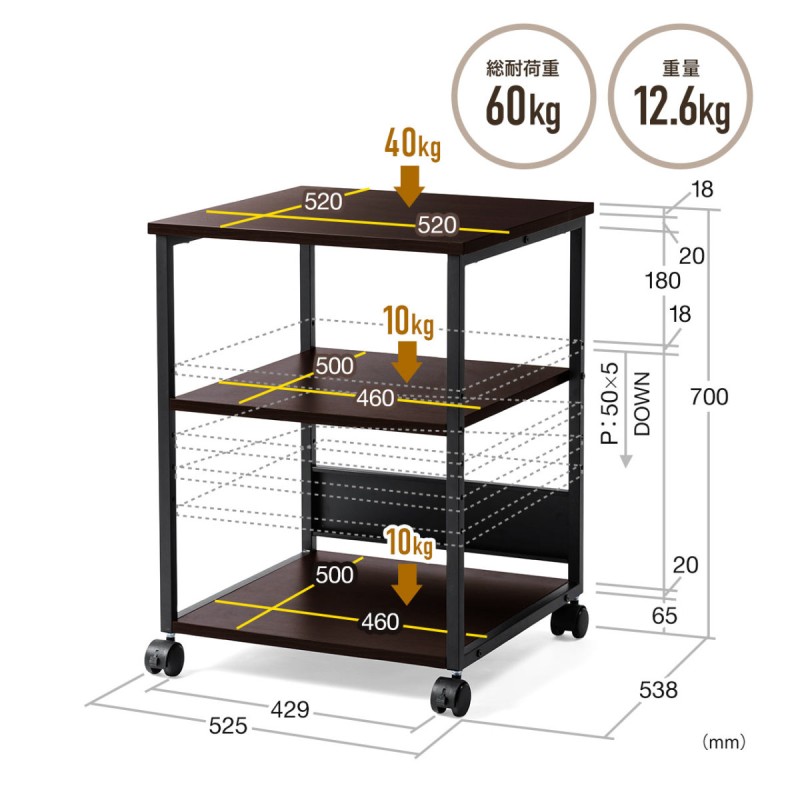 サンワサプライ サンワダイレクト プリンター台 キャスター付き 幅52x