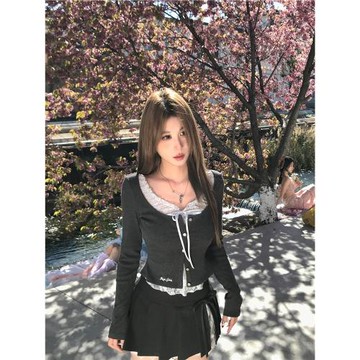 Mejiu蜜九【藤川渝里】假兩件蕾絲上衣半裙兩件套女春季純欲套裝