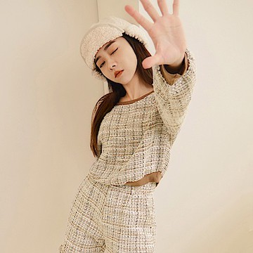 率性復古花呢短版落肩長袖上衣-OB嚴選