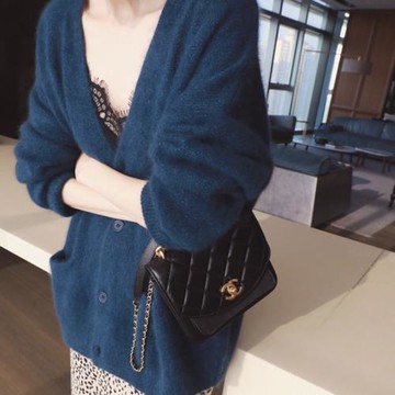 藍色v領水貂毛衣外套開衫女秋冬寬松慵懶風針織上衣浣熊絨藏青色