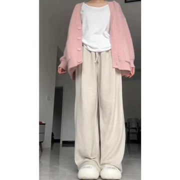 米色褲子秋季女直筒糯米褲大碼胖妹妹寬松闊腿梨形身材穿搭休閑褲