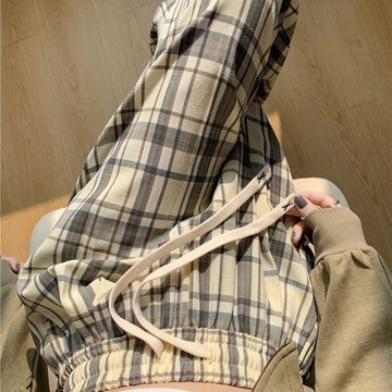 大碼300斤復古英倫風格子褲女松緊腰高腰直筒胖mm薄款休閑闊腿褲 韓版長褲 顯瘦長褲 大碼褲子 夏天長褲 YC075
