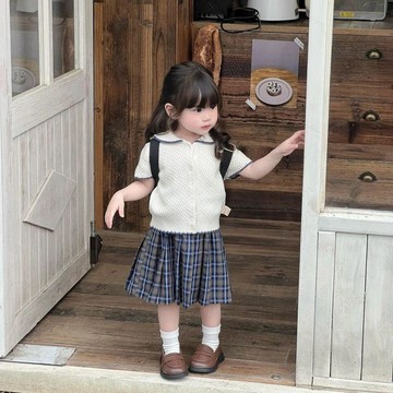 Mimo⭐夏季韓版童裝女童學院風翻領針織短袖寶寶格紋半身裙套裝