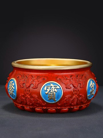 銅聚寶盆彩繪純銅八福元寶工藝擺件家用全銅辦公室客廳開業禮品