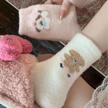 冬天加厚粉色小狗襪子秋冬季澳絨保暖睡眠襪卡通可愛家居襪月子襪