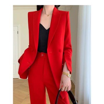 高級感西裝套裝女春秋時尚網紅主持人韓版職業大紅色西服美業正裝