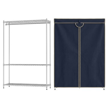 KI WISH 居家生活 三層衣櫥架 120 x 46 x 180cm + 衣櫥布套  銀色 單桿 + 經典藍  46cm