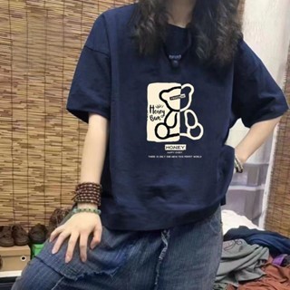 萬能搭必入單品！純棉 短袖女 短袖T恤女 短袖上衣 小熊卡通上衣 韓版上衣 寬鬆上衣 圓領上衣 洋氣上衣 T恤 夏季上衣