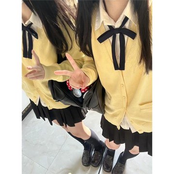 日系動漫黃jk開衫毛衣外套女春季學生校服寬松百搭純色針織上衣