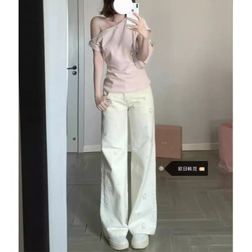 高腰收腹提臀顯瘦遮胯卡通kitty刺繡闊腿牛仔褲女夏季新款直筒褲