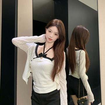 【重工提花設計】純欲風氣質兩件套 女裝 秋季 開衫 長袖外套 掛脖吊帶背心