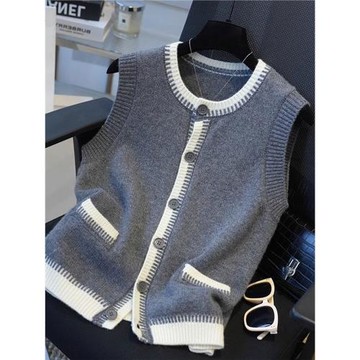 歐洲站小香風拼色圓領針織馬甲開衫2025早秋新款無袖疊穿馬夾毛衣