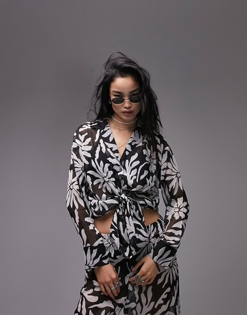 Topshop co-ord chiffon abstract floral shirt in monochrome-Multi