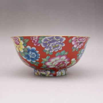 清雍正粉彩珊瑚紅萬花紋碗 古玩古董陶瓷器仿古老貨收藏精品擺件